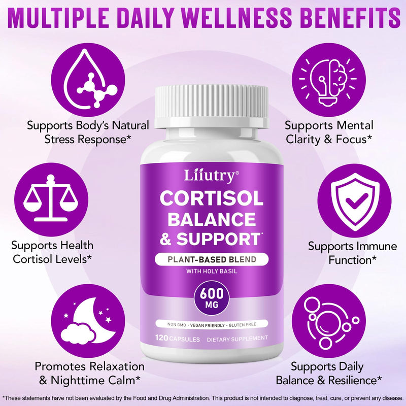 Cortisol Reducing Supplements –Stress Support & Adrenal Balance, with Ashwagandha, Rhodiola, L-Theanine, Ginseng, Bacopa & Black Pepper – 120 Capsules 4 Month Supply