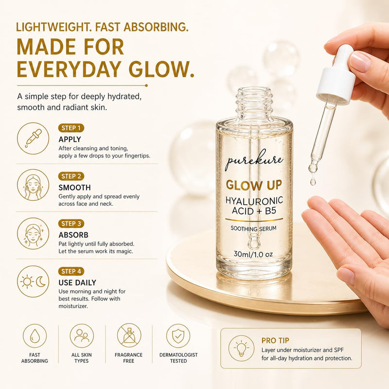 Hyaluronic Acid Serum for Dry & Sensitive Skin – Organic, Deep Hydration + Vitamin B5 for Barrier Repair, Lightweight Face Serum for Fine Lines & Smooth Skin, Non-Greasy, 30 mL