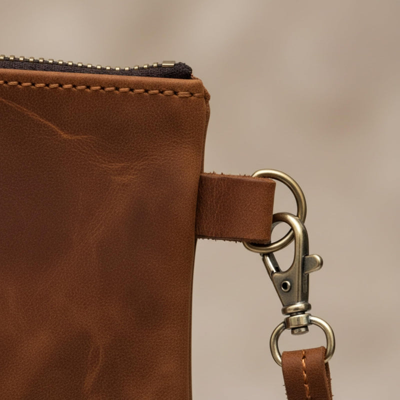 Leather Cosmetic Pouch - Genuine Leather Makeup Bag with Detachable Wrist Strap, Zipper Makeup Bag, Small Travel Toiletry Case, Warm Brown