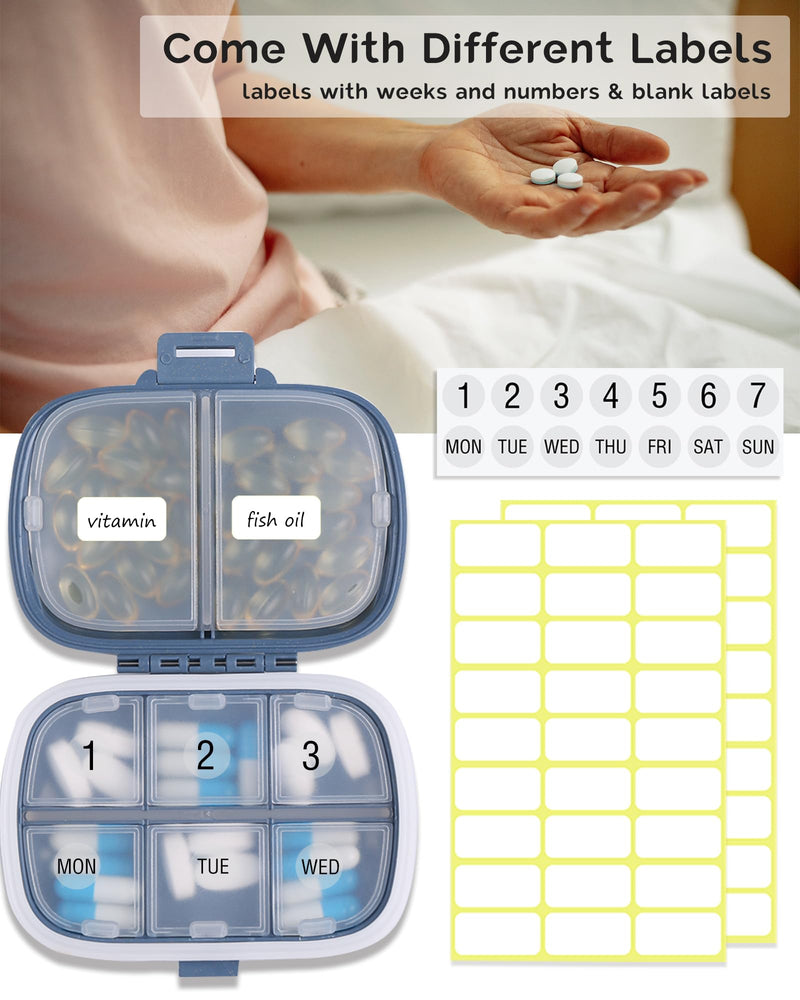 8 Compartments Travel Pill Organizer Box Moisture Proof Small Pill Case for Pocket Purse Daily Pill Holder Container for Medicine Vitamin (Dark Blue & Yellow, 2 Pack) Dark Blue & Yellow 2 PCS
