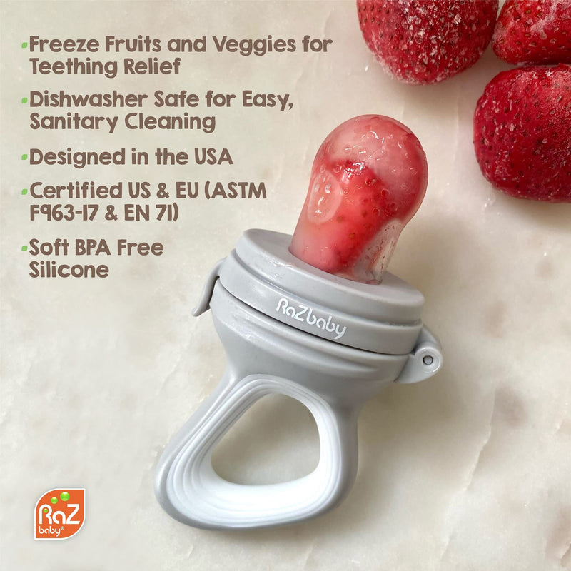 [Australia] - RaZbaby Baby Solids/Frozen Fruit Feeder Pacifier, Infant Teether Toy 6M+, BPA-Free Silicone Pouch & Nipple, Safely Introduce Solids, Teething Relief, Dishwasher Safe, 2-Pack – Orange/Blue + Green/Blue Blue/ Orange 