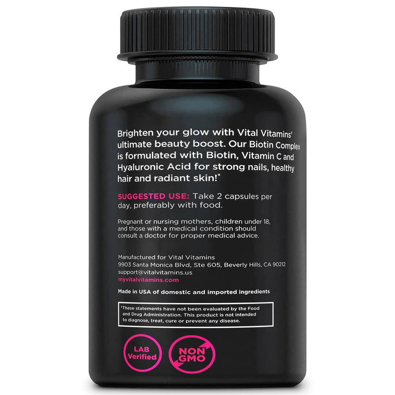 Vital Vitamins Biotin Complex with Collagen & Hyaluronic Acid | 5,000mcg Biotin, MSM & Vitamin C for Hair, Skin & Nails, Non-GMO, For Women & Men, 60 Capsules check 60 Count (Pack of 1)