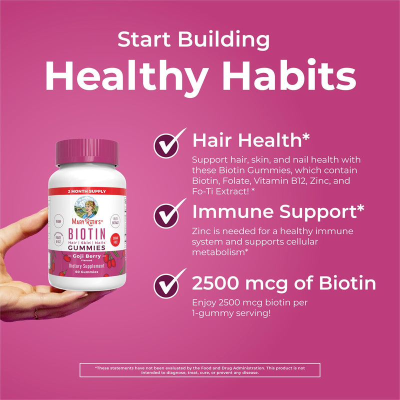 MARYRUTH'S Biotin Gummies, Hair Growth, Vegan, Sugar Free, Non-GMO, 60 Ct | Sugar Free, Vegan, Non-GMO, 2,500 mcg Biotin, Hair Skin and Nails 60 Count (Pack of 1)
