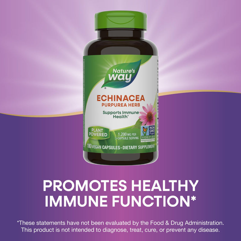 [Australia] - Nature's Way Echinacea Purpurea Herb, Immune Support*, 1,200 mg per 3- Capsule Serving, Non-GMO Project Verified, Vegan, 180 Capsules (Packaging May Vary) 180 Count (Pack of 1) 