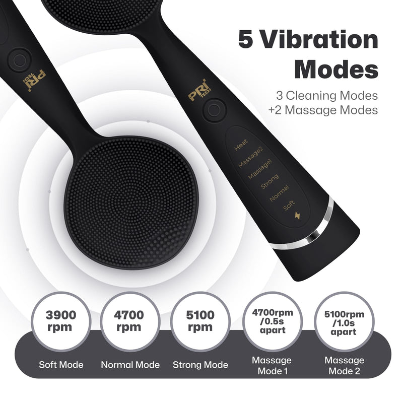 PRITECH Facial Cleansing Brush, Rechargeable Silicone Face Scrubber with Constant-Temperature Heating, Vibrating Exfoliator Scrubber for Deep Pore Cleaning, Waterproof Face Brush for Women & Men-Black Black
