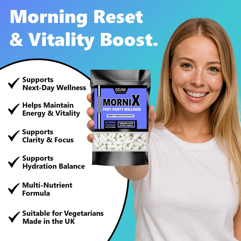 Mornix Morning Reset Supplement | Next-Day Wellness, Energy, Hydration & Vitality Support | NAC, ALA, Ashwagandha, Maca, Vitamins & Taurine – 60 Capsules