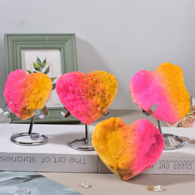 JIC Gem Pink Yellow Titanium Coated Large Heart Crystal Cluster Geode Healing Crystals Heart Shaped Rocks with Crystal Display Stand Home Decor Reiki Meditation 3.14-3.54 inch Pinkyellow