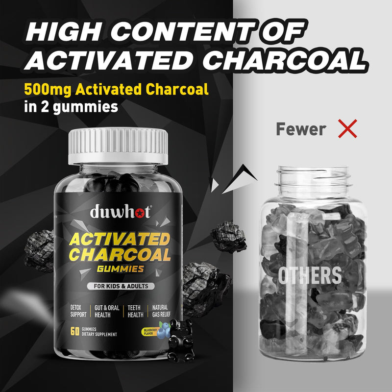 [Australia] - Activated Charcoal Gummies for Kids, 500mg Chewable Activated Charcoal Supplement for Gas Relief, Detox, Digestive and Oral Health, Vegan Blueberry Flavor, 60 Count 