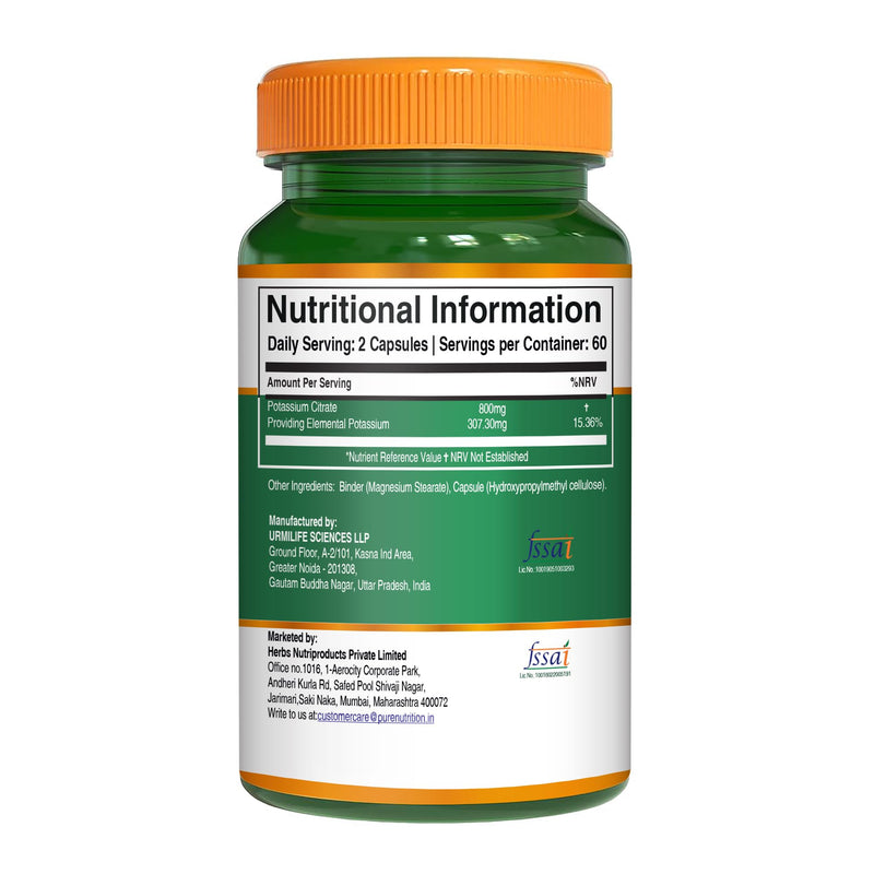 Pure Nutrition Potassium Citrate 800mg | 120 Caps | Support Electrolyte Balance | High Potency 800mg Potassium Citrate per Serving.