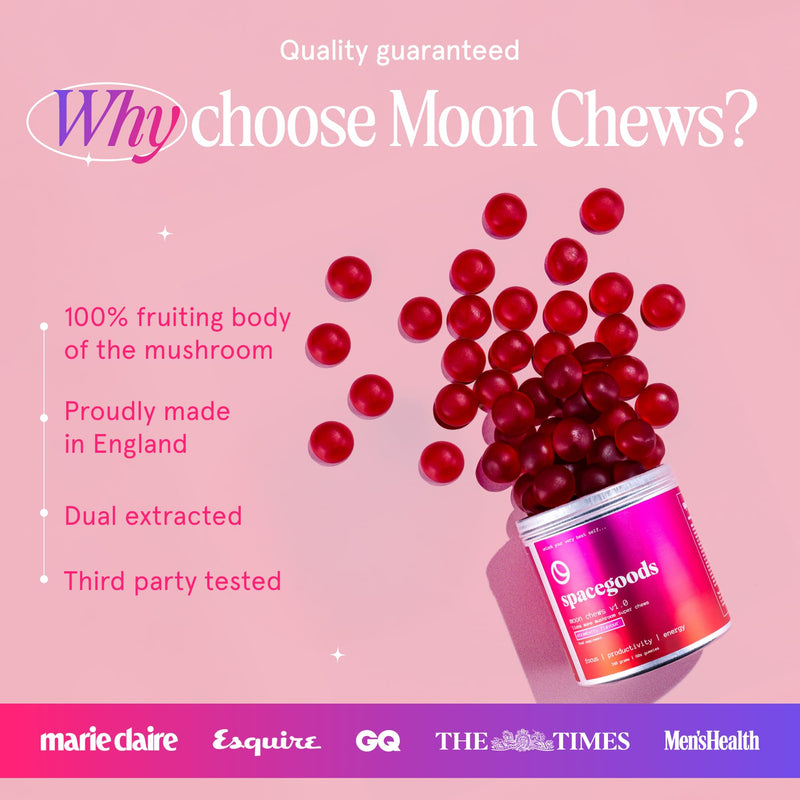 Spacegoods Moon Chews 240g, 30 Servings, Lion's Mane Super Chew, Focus & Clarity Boost, On-The-Go Convenience, Delicious Texture and Taste, Strawberry Flavour