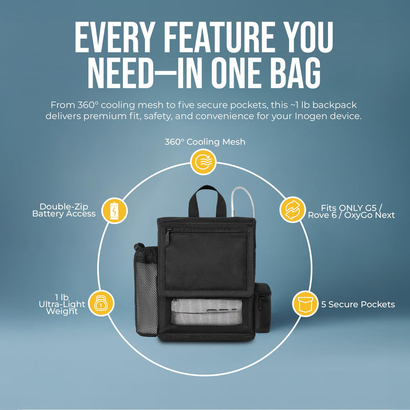 [Australia] - O2totes USA premium Lightweight Backpack Fit For Inogen One G5/Inogen Rove 6, Zippered Bottom, Pockets For Inogen Accessory Black 