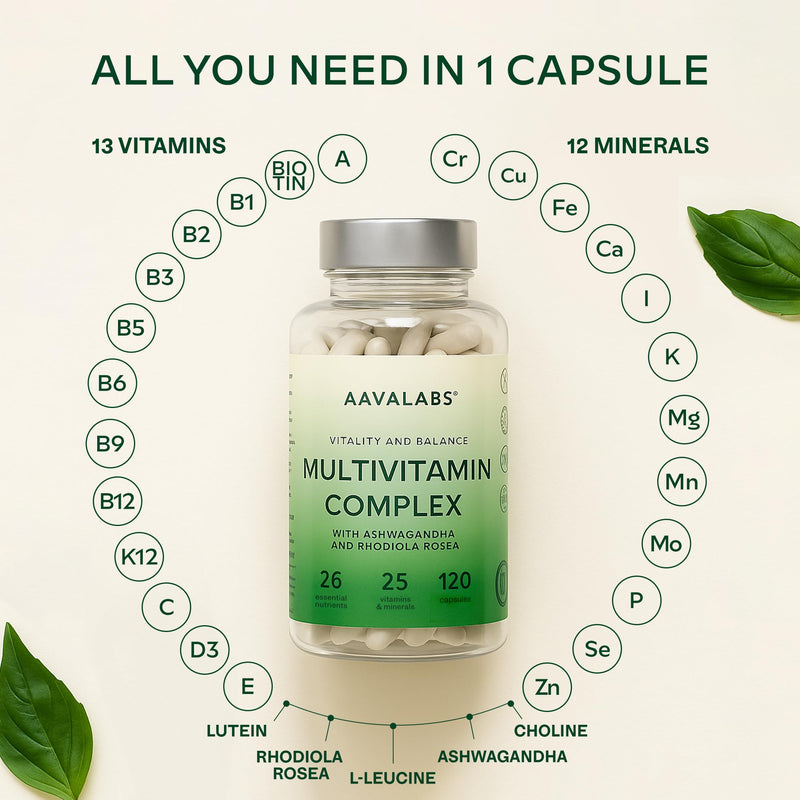 Multivitamin Complex with 25 Vitamins and Minerals + Ashwagandha and Rhodiola Rosea - Multivitamin Tablets for Women and Men - with Vitamin C & Vitamin D - Multivitamins and Minerals - 120 Capsules