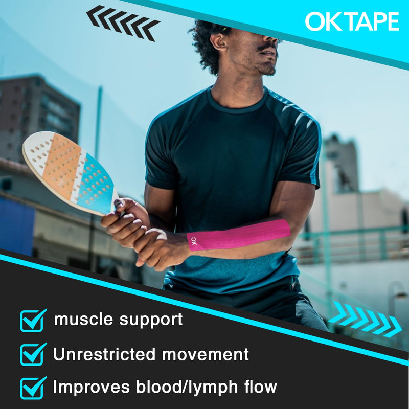 OK TAPE 4 Rolls Kinesiology Tape Precut, Cotton Elastic Athletic Tape Latex Free,20 Strips per Roll 2in x 16ft,Muscle Support,Pink Pink