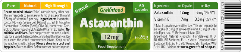 Greenfood Astaxanthin, 12 mg, high dose, 60 Capsules - Natural, Without Artificial additives, Without Genetic Engineering. with Natural Vitamin E.