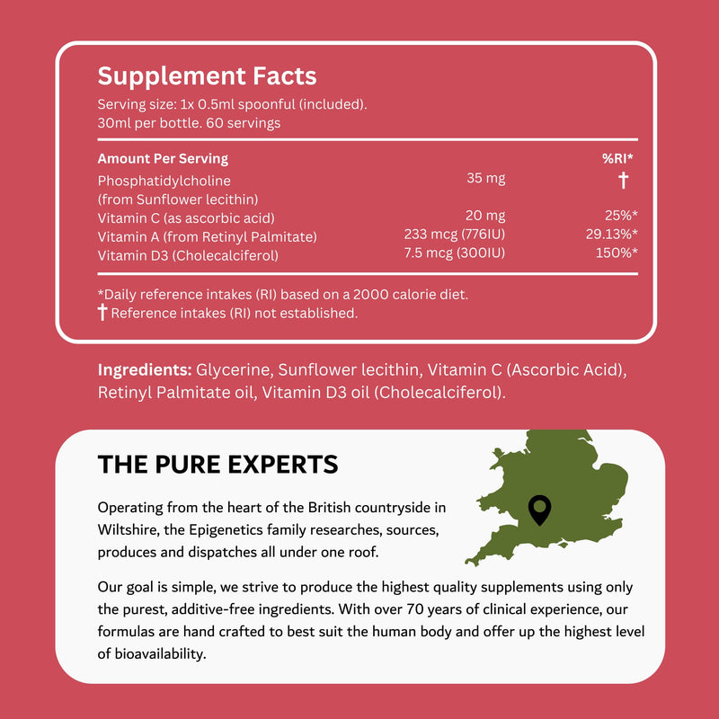 Kids Vitamins A, C & D for Children & Baby | Bones, Vision & Heart | Sugar Free Liposomal Liquid Multivitamin Supplement | 2 Month Supply | 30ml Bottle with Spoon. Vegetarian & UK Made