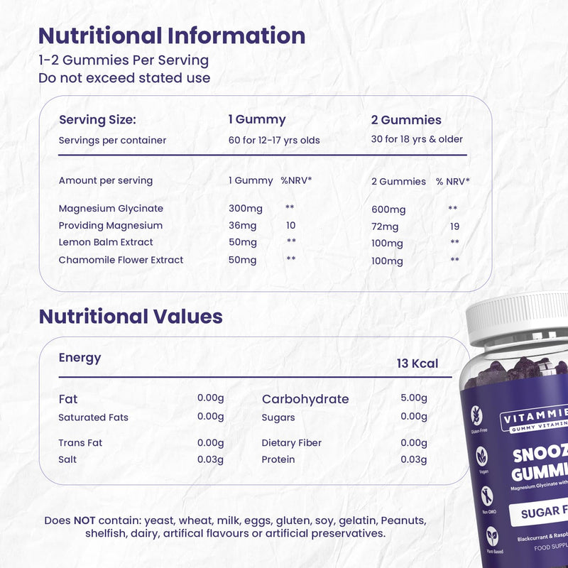 Vitammies Magnesium Glycinate Snooze Gummies - Magnesium Vegan Sleep Gummies with Lemon Balm & Chamomile - Magnesium Supplements Sugar Free Chewables - Blackcurrant Raspberry - 60 Count