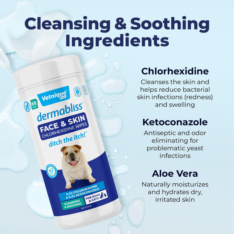 Vetnique Dermabliss Dog Face Wipes - Medicated Chlorhexidine Wipes for Dogs with Wrinkles, French Bulldog, English Bulldog Dog Grooming Wipes Cleaning & Deodorizing Dog Wipes 60ct - PawsPlanet Australia