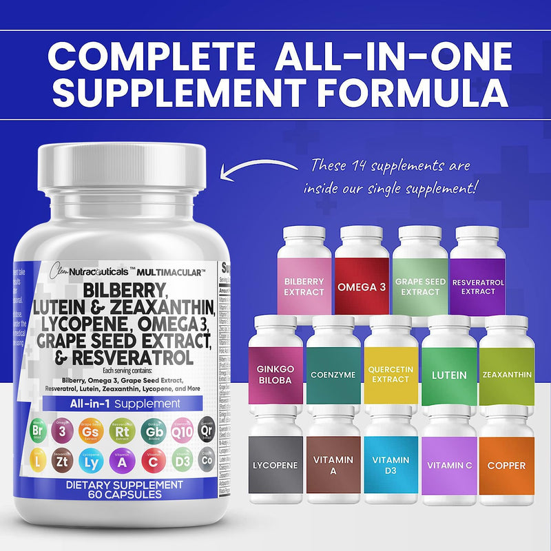 [Australia] - Eye Health Vitamins with Bilberry 6000mg Lutein & Zeaxanthin 40mg Lycopene 40mg Resveratrol 3000mg Grape Seed Extract 6000mg Omega 3 4000mg Astaxanthin - Eye Vitamin - 60 Capsules 
