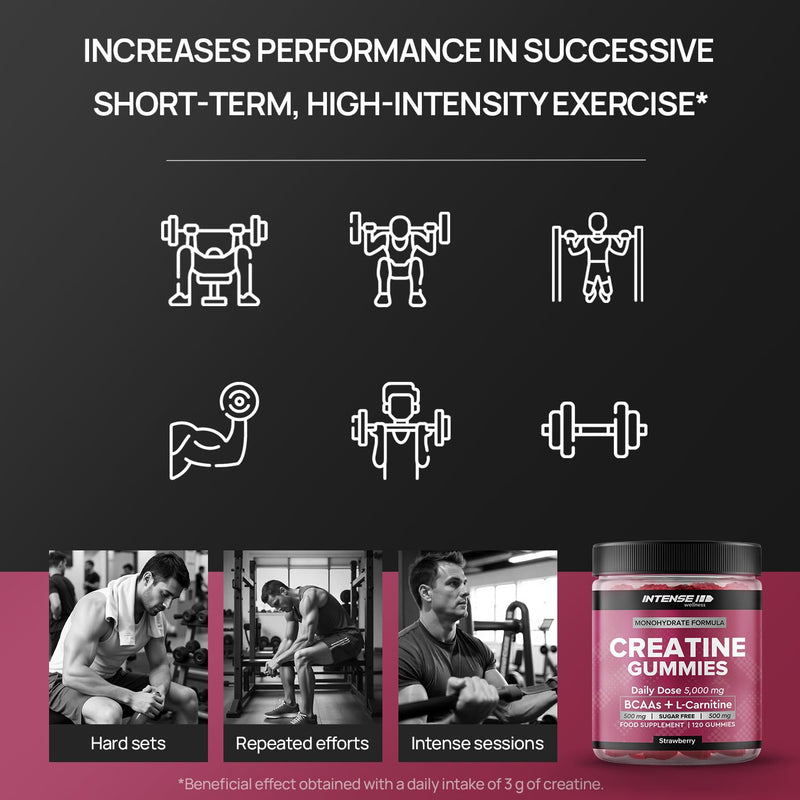 Creatine Monohydrate Gummies 5000mg - Sugar Free Vegan Pre Workout Chews - BCAAs 500mg, L-Carnitine 500mg - Gym Supplement for Men and Women, Strawberry, 120 Count 120 count (Pack of 1)