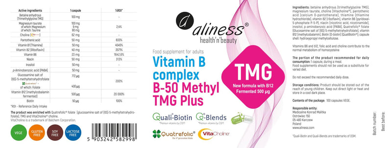 Aliness Vitamin B Complex Methyl, 3 Months Supply, Methyl TMG Plus + Biotin + Folate, 100 Capsules