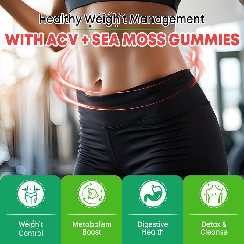 Apple Cider Vinegar Gummies with Sea Moss for Metabolism, Digestion, Detox, Gut & Immune Health, Apple Flavored - 60 Count 60 Count (Pack of 1)