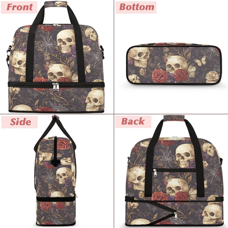 Skull Gothic Rose Flower Travel Duffel Bag Tote Carry On Luggage Sports Gym Bag With Shoe Compartment For Woman Man Overnight Weekend Yoga Workout Training Handbag B-1