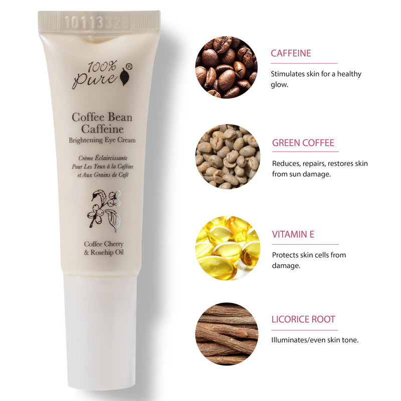 100% PURE Coffee Bean Caffeine Eye Cream, 0.3 oz | with Vitamin E, Green Tea, Rose; for Dry skin; Dark Circles; Vegan 0.3 Ounce (Pack of 1)
