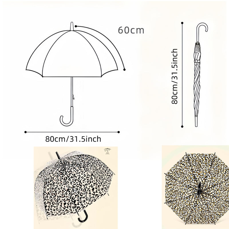 2Pack Clear Windproof Bubble Stick Umbrella, Auto Open Rainproof Transparent Umbrella for Adult Boys and Girls, Lightweight Wind and Rain Protection, Dome Canopy leopard-print 2pcs