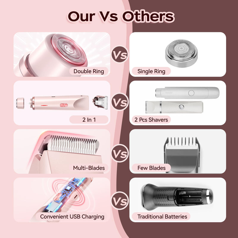[Australia] - Dual Head Bikini Trimmer for Women, IPX7 Waterproof Wet & Dry Use, Electric Bikini Shaver and Epilator 2-in-1 Electric Razors for Women Bikini Underarm Body Leg Arm Face Intimate Areas,Pink Pink 