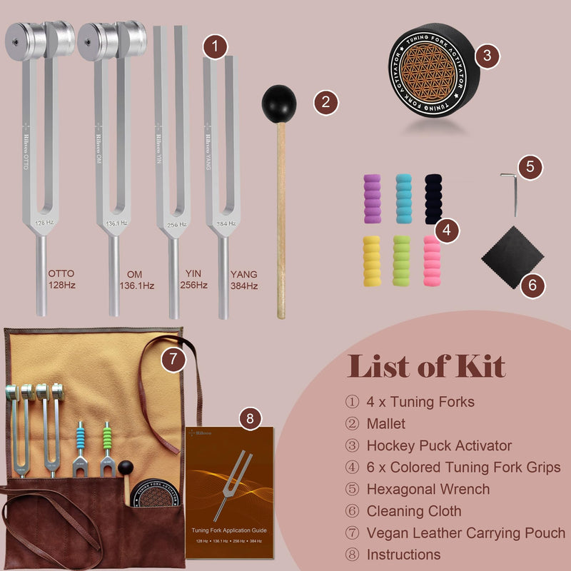 [Australia] - Tuning Forks for Healing Set (128Hz, 136.1Hz, 256Hz, 384Hz) with Activator & Reflex Hammer, Sound Therapy Instruments for Chakra/Yoga/Meditation, Frequency Healing Devices in Vegan Leather Pouch 