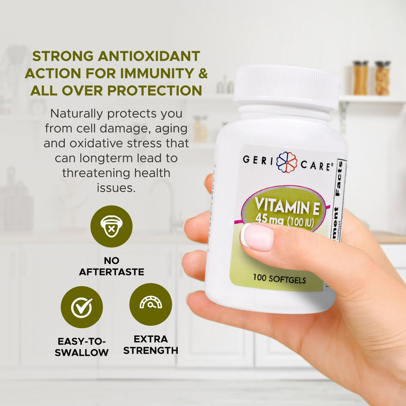 [Australia] - GeriCare High-Potency Vitamin E Capsules ‚Äì 100 IU for Skin & Immune Support, 45mg | 100 Count | Organic Vitamin E for Women and Men | Alternative to Nature Bounty & Solgar Vitamin E 100 Count (Pack of 1) Softgel - 45mg 