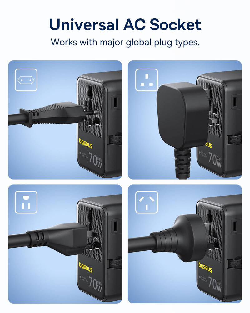 Baseus 70W Universal Travel Adapter, 6-in-1 International Plug Adapter | Worldwide Wall Charger with Retractable Cable, USB-C Fast Charging for USA/EU/UK/AUS and Over 200 Countries - Enercore CG11 Black