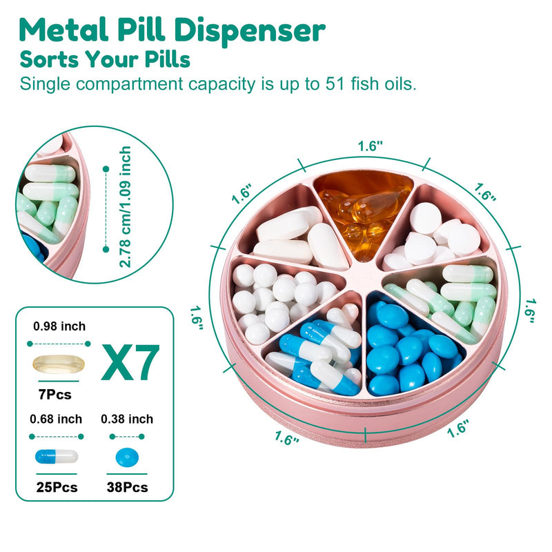 Metal Pill Organizer 7 Compartments Pill Dispenser - Heavy Duty Pill Box Waterproof Pill Container Large Daily Pill Case Medicine Holder for Medication Vitamins Fish Oils Supplements, 0.39lb (Pink)