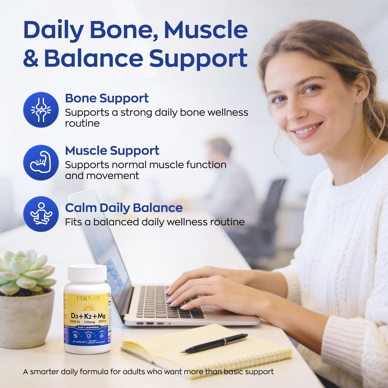 UBIOSKA Vitamin D3 K2 Magnesium, 5000 IU D3, K2 as MK-7, 60 Capsules | 8-form magnesium with glycinate, taurate and malate, plus B vitamins and zinc for daily bone, muscle and immune support