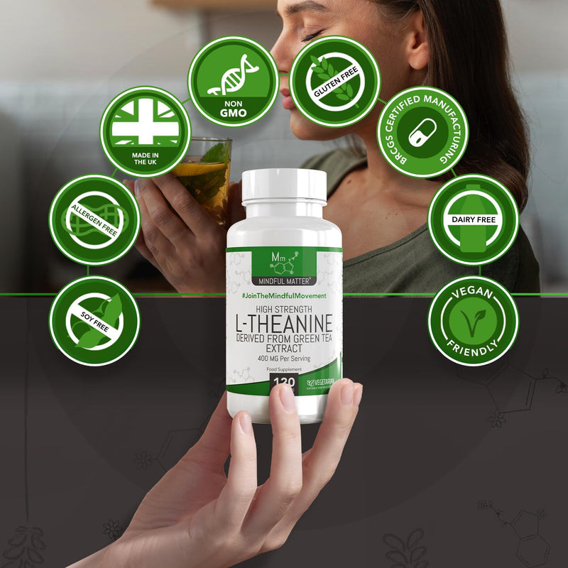 MM L Theanine | 120 L-Theanine Capsules from Green Tea - High Strength 1000mg Green Tea Extract Providing 400mg L'theanine per Serving | L Theanine Supplement | Non-GMO Gluten Free | Made in UK
