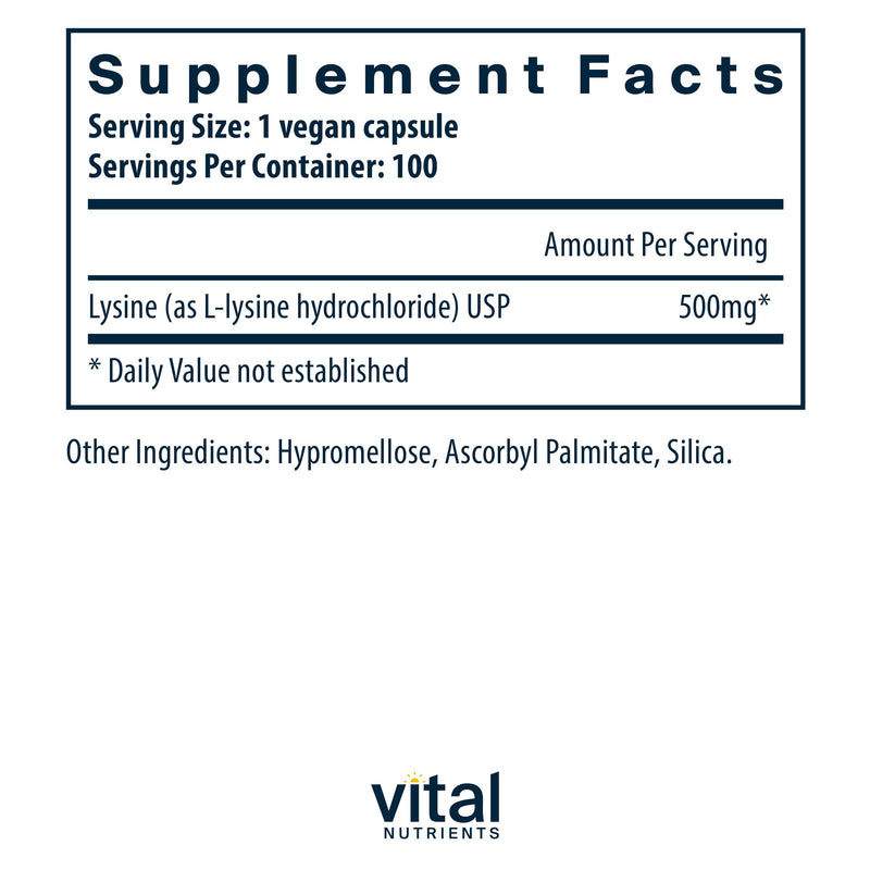 [Australia] - Vital Nutrients - Lysine - Supports Immune Function and Normal Arginine Levels - Supports Calcium Absorption - 100 Vegetarian Capsules per Bottle - 500 mg 