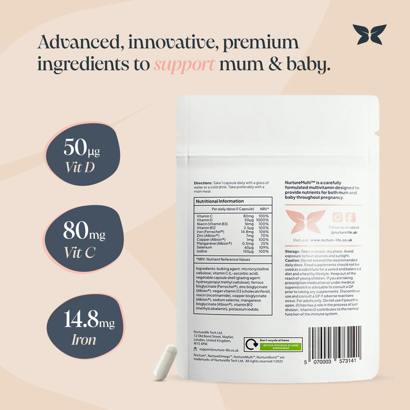 Nurture Pregnancy Multivitamin - Essential Prenatal Vitamins & Minerals with Vitamin D & Gentle Iron - Clinically Proven Ingredients - Professor Formulated Supplement - 4 Weeks Supply Pregnancy Vitamin (3rd Trimester)