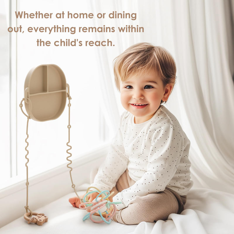 [Australia] - Silicone Plates for Babies with Suction Divided Baby Spoons Silicone Baby Toy Straps All-in-one Plates Silicone Placemat for Babies Toddlers Attachable Tethers & Built-in Suction Cups-Blush Blush 