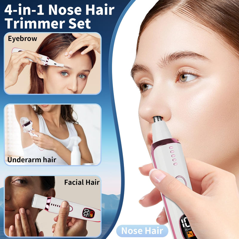 [Australia] - 2025 Rechargeable Nose and Ear Hair Trimmer with LED Dispaly for Women Men,4 in 1 Painless Eyebrow & Facial Hair Trimmer with Powerful Motor,Ladies Wet & Dry Electric Razor (White) White 