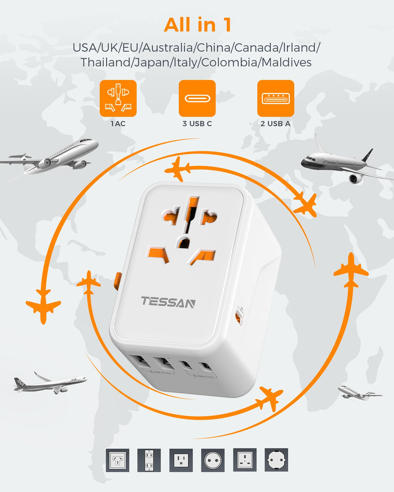 TESSAN Universal Travel Adapter, GaN 65W | 3 USB C Ports, 2 USB A Ports, Type C/G/A/I, European USA UK Australia Ireland Snow white