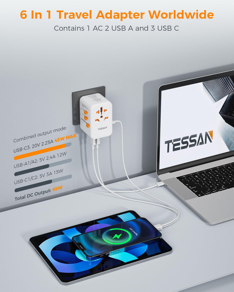 TESSAN Universal Travel Adapter, GaN 65W | 3 USB C Ports, 2 USB A Ports, Type C/G/A/I, European USA UK Australia Ireland Snow white