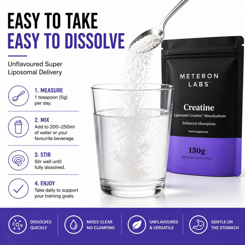 Liposomal Creatine Monohydrate Powder | Micronised Creatine Monohydrate | 5g Creatine Per Serving | Enhanced Liposomal Delivery | Unflavoured Creatine Powder | Vegan | 150g | Meteron Labs UK