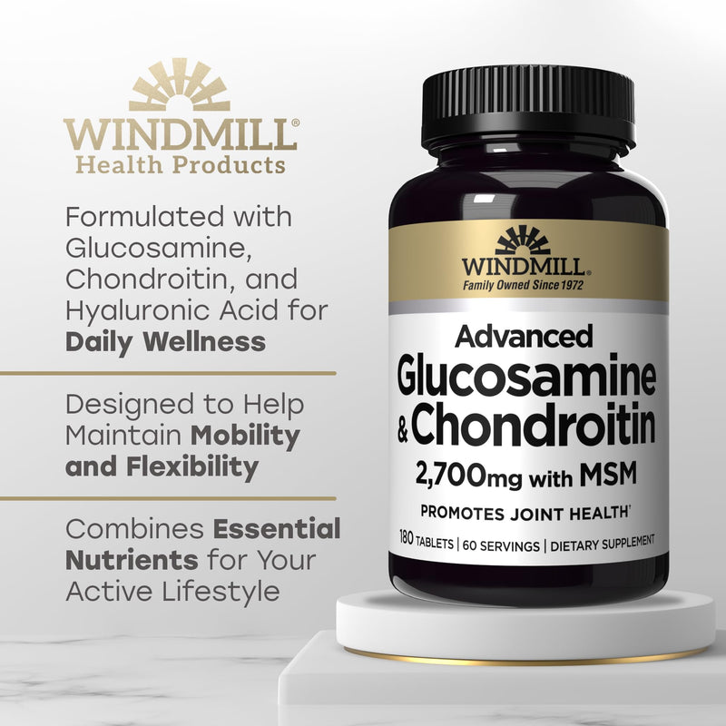 Windmill Natural Vitamins Advanced Glucosamine & Chondroitin, with 2,700mg of MSM, Supports Bone Health, Non-GMO, Gluten Free, 180 Tablets, 60 Servings