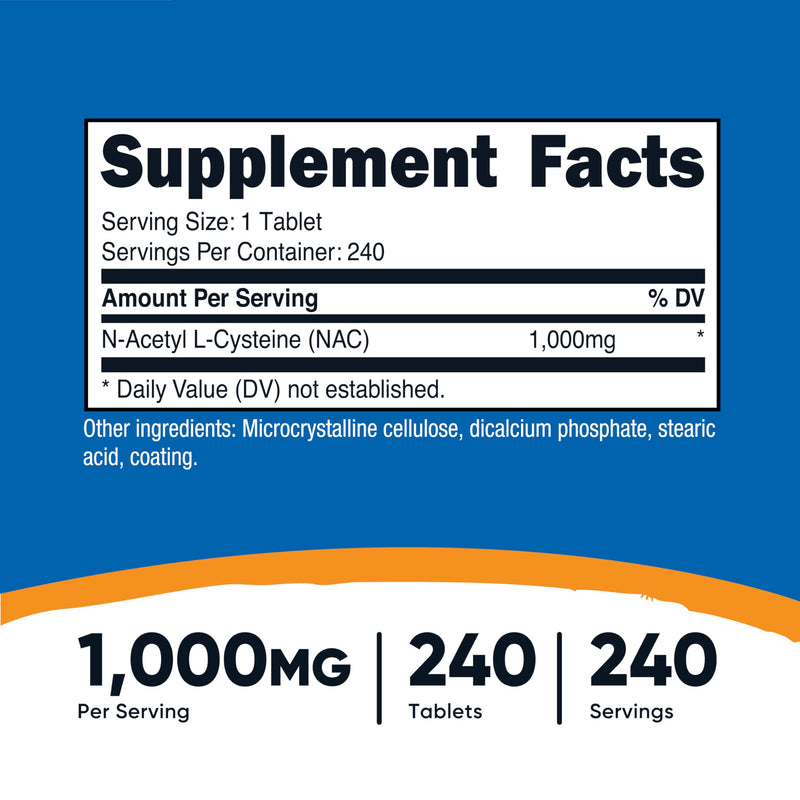[Australia] - Nutricost N-Acetyl L-Cysteine (NAC) 1000 mg, 240 Vegan Tablets - GMO Free, Gluten Free, Vegetarian Supplement 