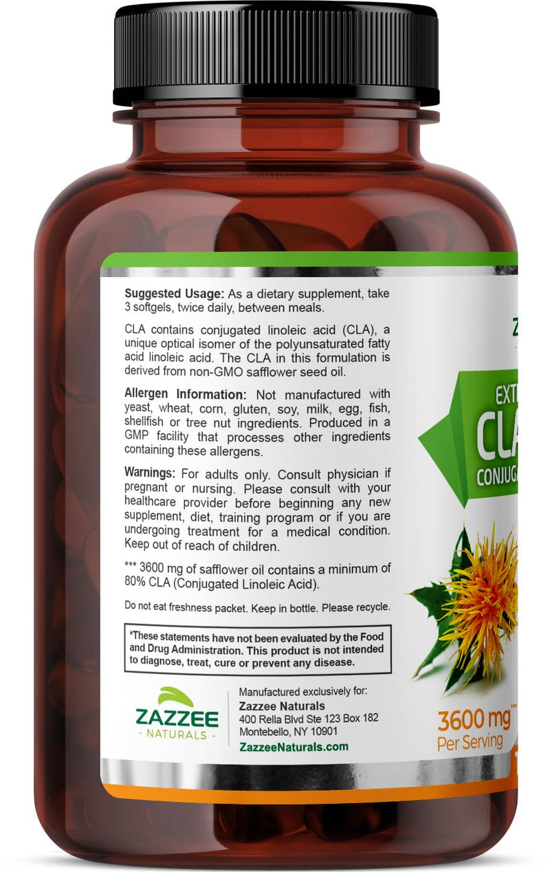 [Australia] - Zazzee High Potency CLA 3600, 180 Softgels, 3600 mg per Serving, Conjugated Linoleic Acid from Safflower Oil, Concentrated and Standardized, 60 Day Supply, Non-GMO and Made in The USA 