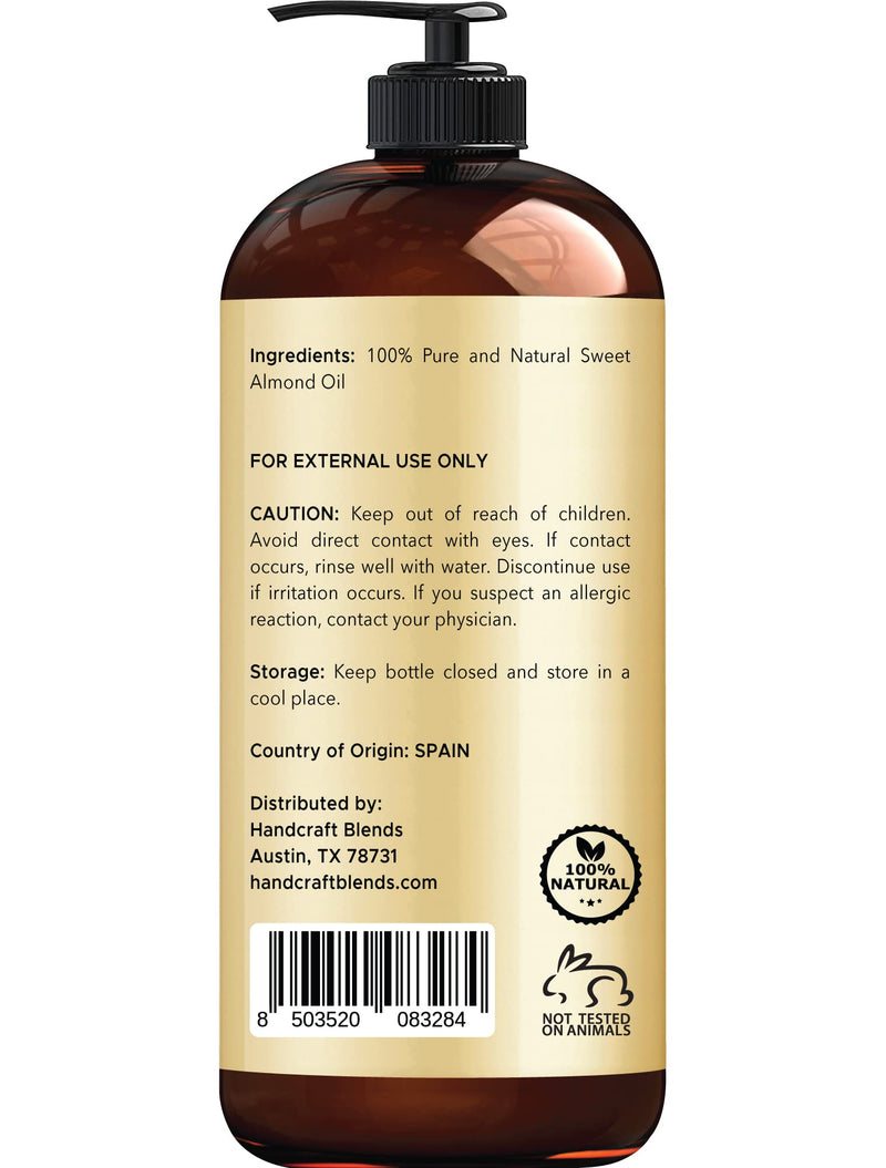 [Australia] - Handcraft Blends Sweet Almond Oil - 16 Fl Oz - 100% Pure and Natural - Premium Grade Oil for Skin and Hair - Carrier Oil - Hair and Body Oil - Massage Oil - Hexane-Free Sweet Almond 16 Fl Oz (Pack of 1) 
