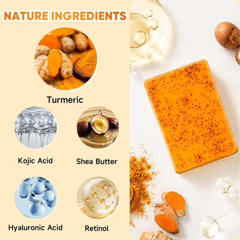 3 Pcs 60g Turmeric Kojic Acid Soap Bars with Foaming Mesh Net | SLS-Free,Enriched with Retinol, Hydrolyzed Collagen, Vitamin E & Shea Butter, Mild Treatment for Facial,Body & Armpit Use