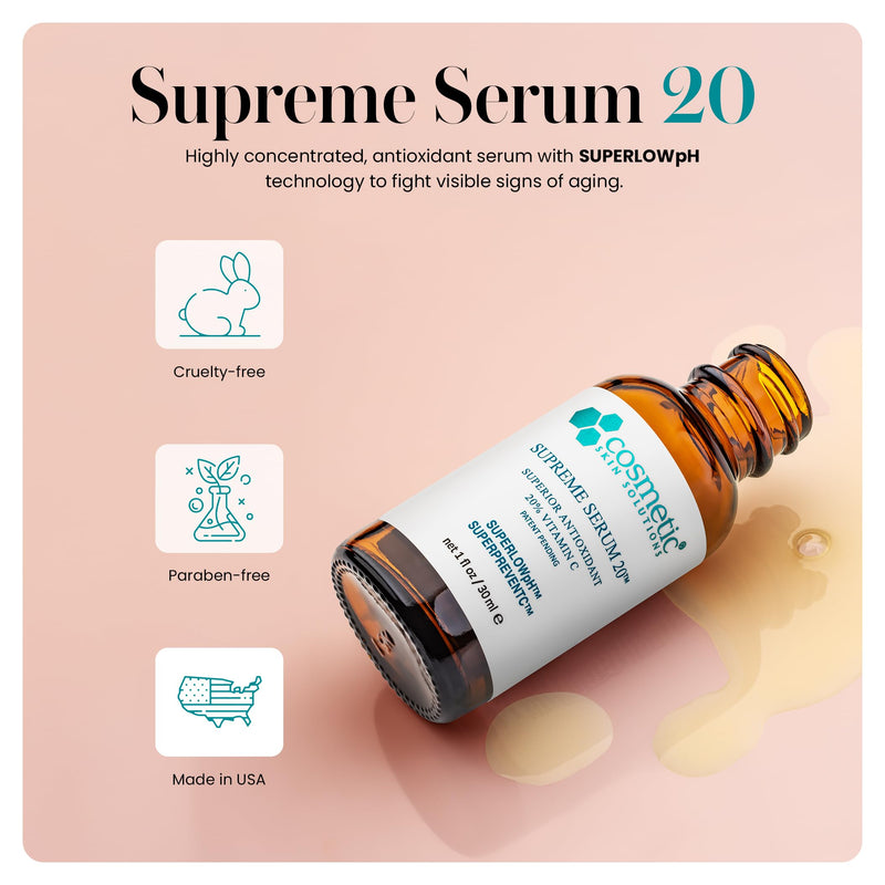 Supreme Serum 20 – 20% Vitamin C Face Formula with Hyaluronic Acid, Glutathione & Asiatic Acid – Antioxidant for Even Skin Tone, Firmness & Radiant Complexion – 1 fl oz 1 Fl Oz (Pack of 1)