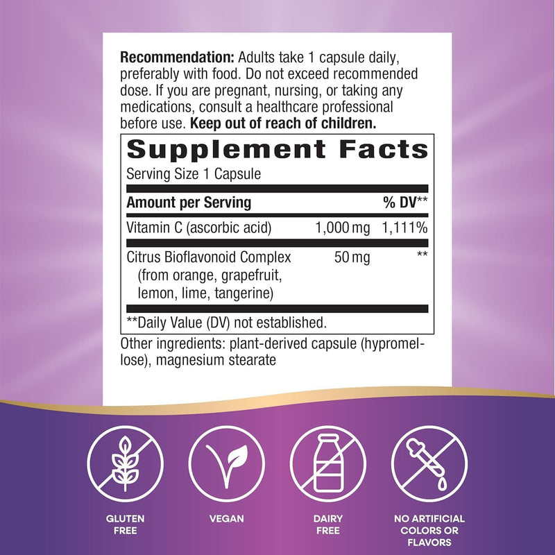 Nature's Way Extra Strength(1) Vitamin C with Bioflavonoids, Supports Immune Health*, Promotes Collagen Production for Healthy Skin*, 1,000 mg per Capsule, 250 Vegan Capsules (Packaging May Vary)