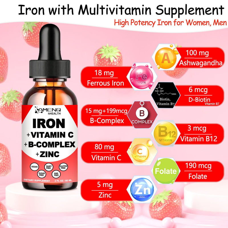 Liquid Iron Supplement for Women, Boost Iron Levels, Stomach Friendly Iron | High Absorption Liquid Iron Drops for Red Blood Cells & Immune Support, Slow Release Liquid formula w/Vitamin C, A, B-Complex Strawberry 2 Fl Oz (Pack of 1)